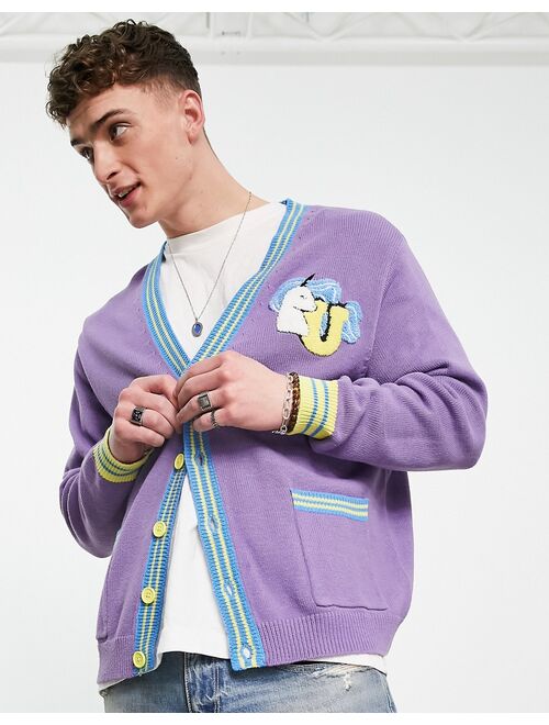 ASOS DESIGN knitted cardigan with badging in purple