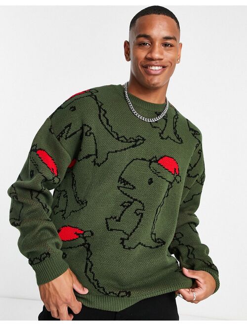 ASOS DESIGN christmas sweater with all over dinosaur jacquard