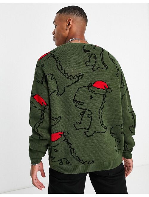 ASOS DESIGN christmas sweater with all over dinosaur jacquard