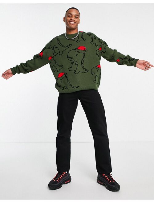 ASOS DESIGN christmas sweater with all over dinosaur jacquard