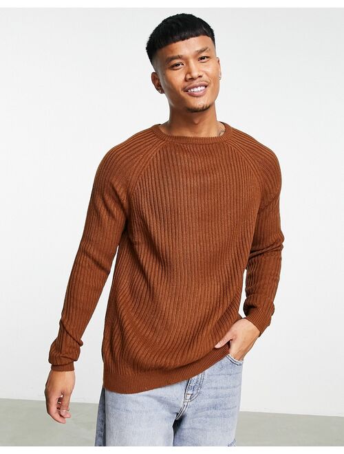 ASOS DESIGN knitted rib crew neck sweater in brown