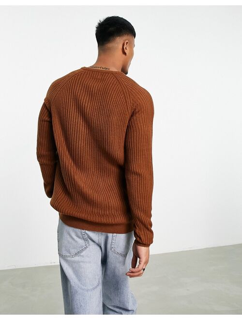 ASOS DESIGN knitted rib crew neck sweater in brown