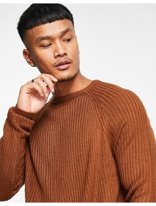 ASOS DESIGN knitted rib crew neck sweater in brown