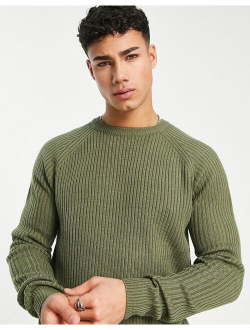 New Look ribbed crew neck sweater in khaki