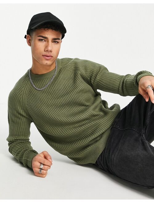 New Look ribbed crew neck sweater in khaki