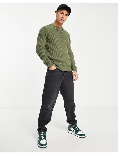 New Look ribbed crew neck sweater in khaki