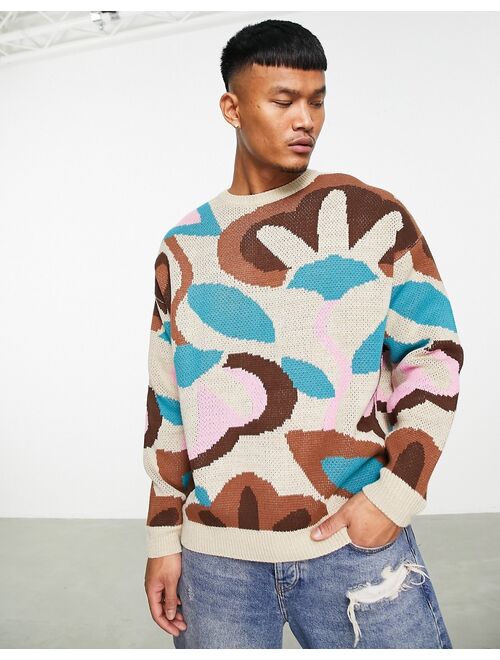 ASOS DESIGN knit abstract pattern sweater in brown