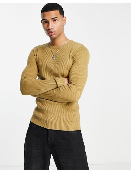 ASOS DESIGN knitted muscle fit rib crew neck sweater in light brown