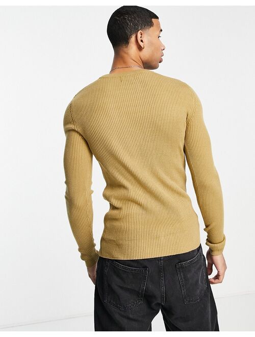 ASOS DESIGN knitted muscle fit rib crew neck sweater in light brown