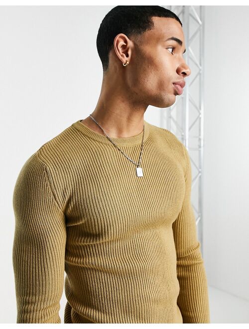 ASOS DESIGN knitted muscle fit rib crew neck sweater in light brown