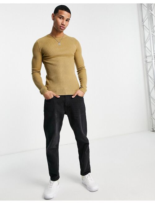 ASOS DESIGN knitted muscle fit rib crew neck sweater in light brown