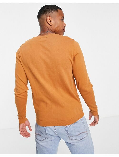 ASOS DESIGN knitted cotton v-neck sweater in light brown