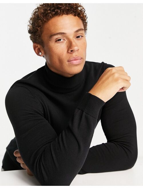 Only & Sons cotton roll neck sweater in black