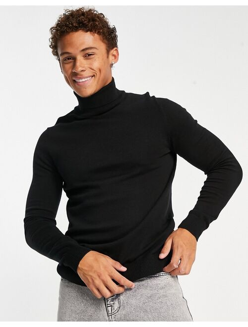 Only & Sons cotton roll neck sweater in black