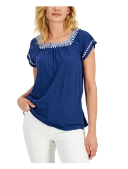 STYLE & CO Women's Embroidered Flutter-Sleeve Top, Created for Macy's