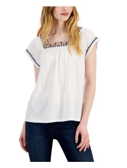 STYLE & CO Women's Embroidered Flutter-Sleeve Top, Created for Macy's