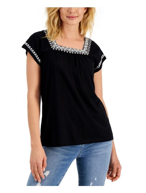 STYLE & CO Women's Embroidered Flutter-Sleeve Top, Created for Macy's