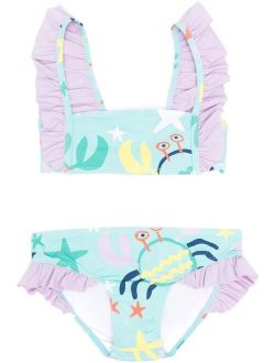 Kids sea-print ruffled bikini