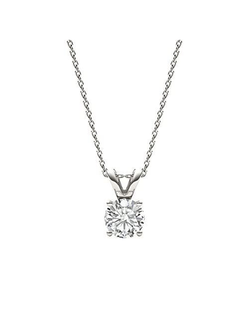 Charles & Colvard Created Moissanite 6.5mm Round Cut Solitaire Pendant Necklace for Women | 1 cttw DEW | Lab Grown | Solid 14K White Gold with Rhodium | 18" Chain