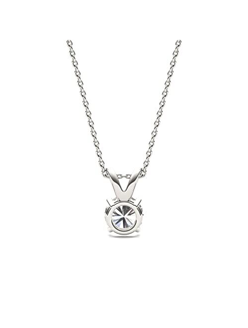 Charles & Colvard Created Moissanite 6.5mm Round Cut Solitaire Pendant Necklace for Women | 1 cttw DEW | Lab Grown | Solid 14K White Gold with Rhodium | 18" Chain