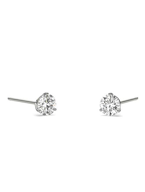 Charles & Colvard Created Moissanite Round Cut Stud Earrings for Women | Lab Grown | Solid 14K White Gold with Rhodium