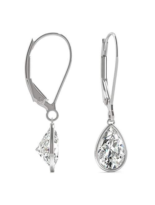 14K White Gold Moissanite by Charles & Colvard 8x5mm Pear Bezel Drop Earrings, 1.88cttw DEW