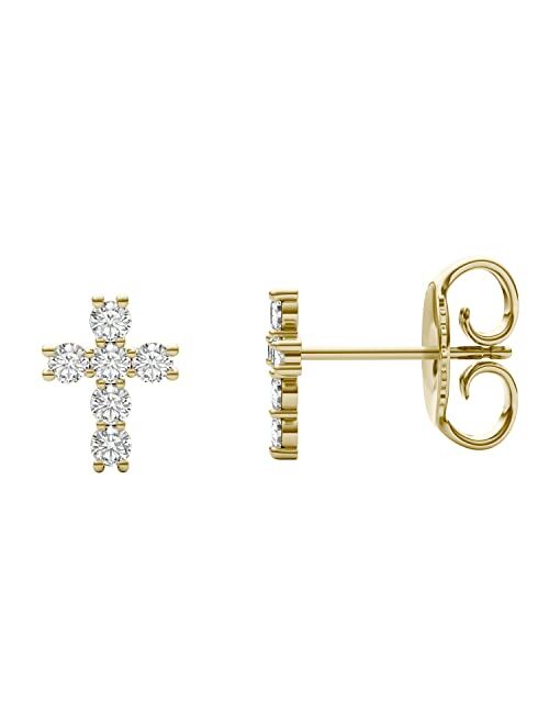 14K Yellow Gold Moissanite Cross Stud Earrings, 0.36cttw DEW by Charles & Colvard