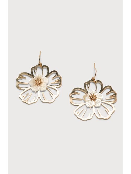 Lulus Bloom All Day Oversized Gold Flower Earrings