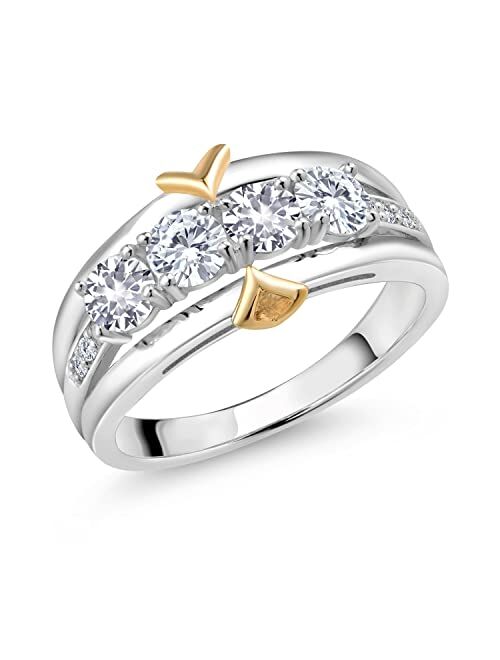 Gem Stone King 925 Sterling Silver and 10K Yellow Gold White Created Sapphire and Forever Classic Created Moissanite from Charles & Colvard 4-Stone Lab Grown Diamond Band