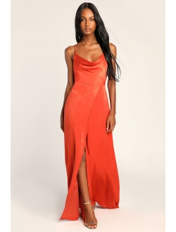 Love of Romance Light Peach Satin Cowl Neck Maxi Dress