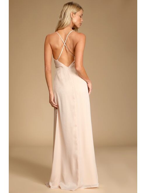 Lulus Love of Romance Light Peach Satin Cowl Neck Maxi Dress