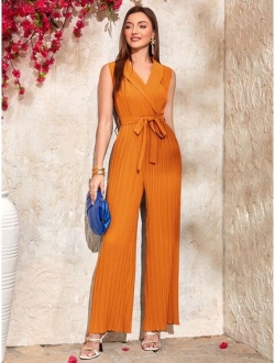 Shawl Collar Pleated Belted Shirt Jumpsuit