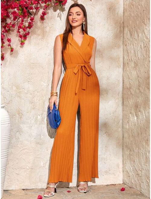 Shein Shawl Collar Pleated Belted Shirt Jumpsuit