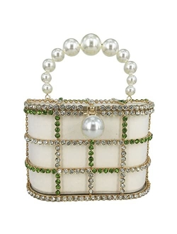 Synthetic Pearl Top-Handle Women Metal Bucket Bag Crystal Evening Purses and Clutches Formal Wedding Handbags