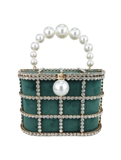 Synthetic Pearl Top-Handle Women Metal Bucket Bag Crystal Evening Purses and Clutches Formal Wedding Handbags