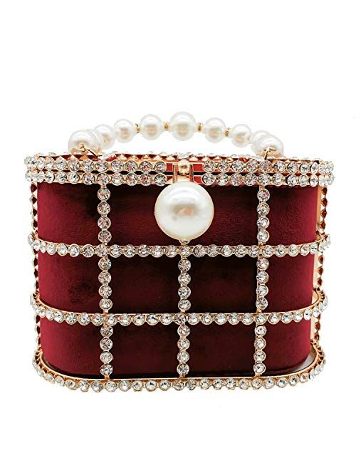 Boutique De FGG Synthetic Pearl Top-Handle Women Metal Bucket Bag Crystal Evening Purses and Clutches Formal Wedding Handbags