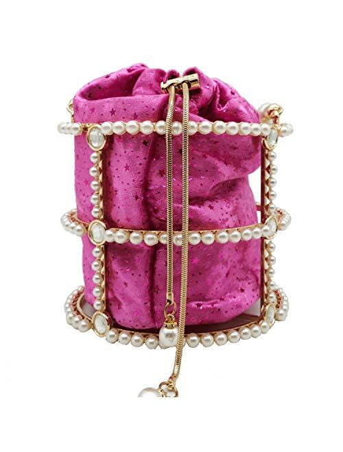 Boutique De FGG Synthetic Pearl Top-Handle Women Metal Bucket Bag Crystal Evening Purses and Clutches Formal Wedding Handbags