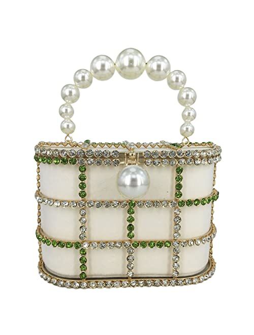 Boutique De FGG Synthetic Pearl Top-Handle Women Metal Bucket Bag Crystal Evening Purses and Clutches Formal Wedding Handbags