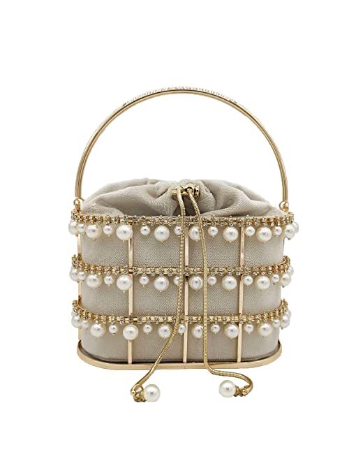 Boutique De FGG Synthetic Pearl Top-Handle Women Metal Bucket Bag Crystal Evening Purses and Clutches Formal Wedding Handbags