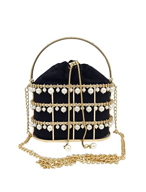 Boutique De FGG Synthetic Pearl Top-Handle Women Metal Bucket Bag Crystal Evening Purses and Clutches Formal Wedding Handbags