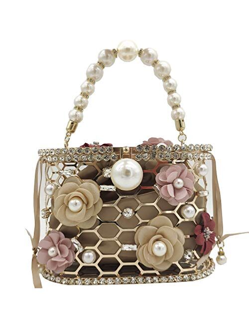 Boutique De FGG Synthetic Pearl Top-Handle Women Metal Bucket Bag Crystal Evening Purses and Clutches Formal Wedding Handbags