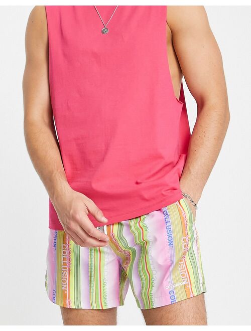 COLLUSION branded stripe longer length swim short