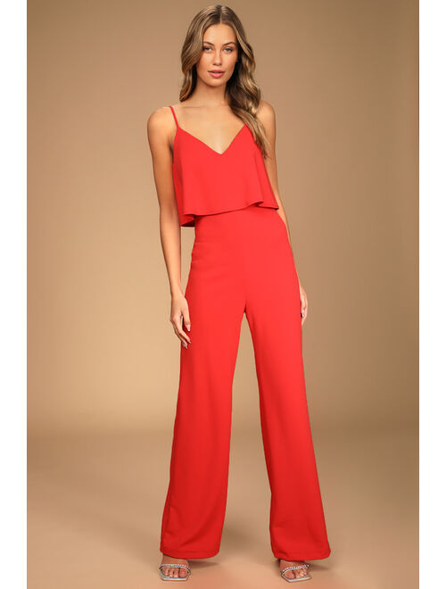 Lulus Make It a Date Coral Red Sleeveless Wide-Leg Jumpsuit