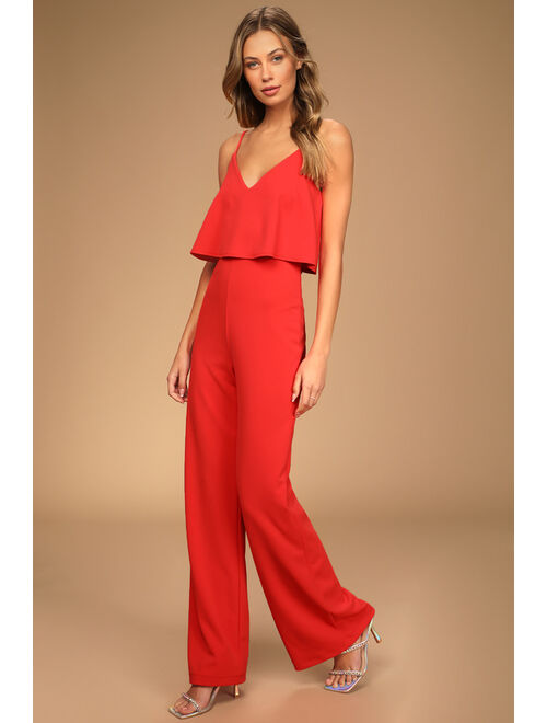 Lulus Make It a Date Coral Red Sleeveless Wide-Leg Jumpsuit