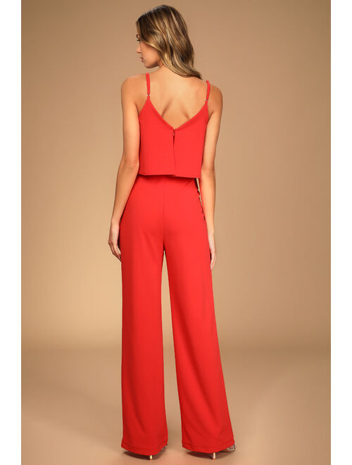 Lulus Make It a Date Coral Red Sleeveless Wide-Leg Jumpsuit