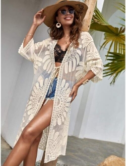 Paisley Embroidered Mesh Tie Front Kimono