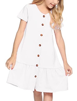 Girls Short Sleeve Button Down Dress Solid Color Casual Ruffled Sundress Kids T-Shirt Dresses