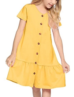 Girls Short Sleeve Button Down Dress Solid Color Casual Ruffled Sundress Kids T-Shirt Dresses