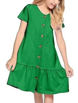 Girls Short Sleeve Button Down Dress Solid Color Casual Ruffled Sundress Kids T-Shirt Dresses