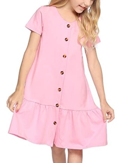 Girls Short Sleeve Button Down Dress Solid Color Casual Ruffled Sundress Kids T-Shirt Dresses